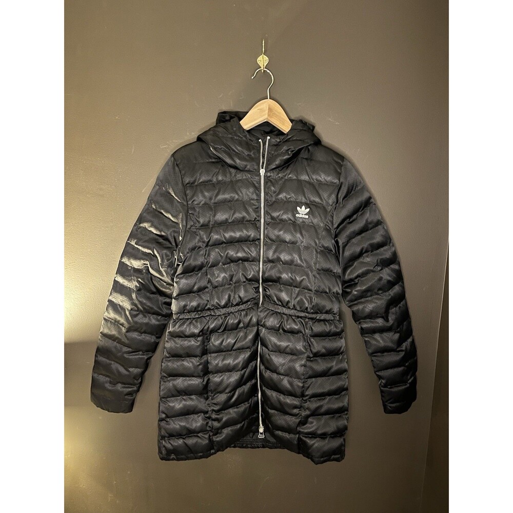 Adidas Originals AY4765 Womens M Black Slim Puffer Long Hooded Coat Trefoil